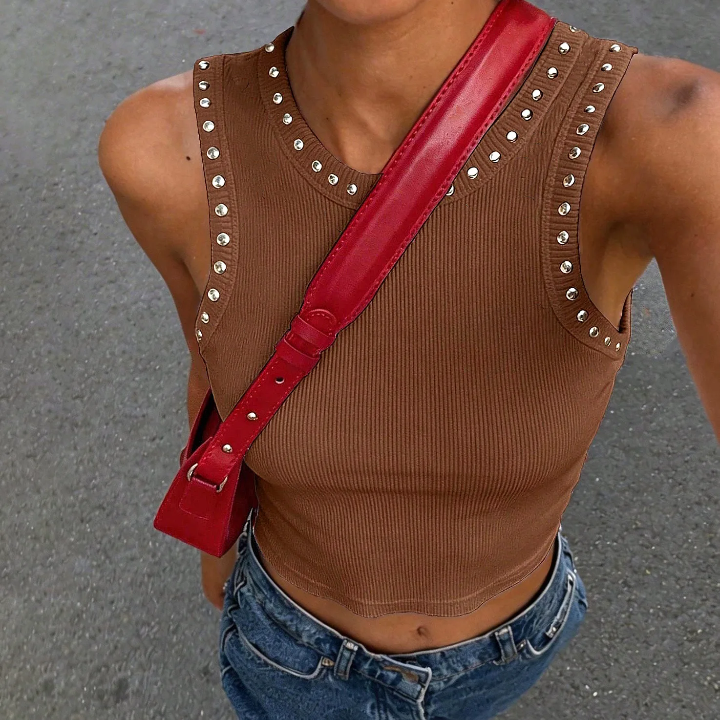 Tank Top Ribbed - Y2K Perçinli Trimli Nervürlü Crop Tank