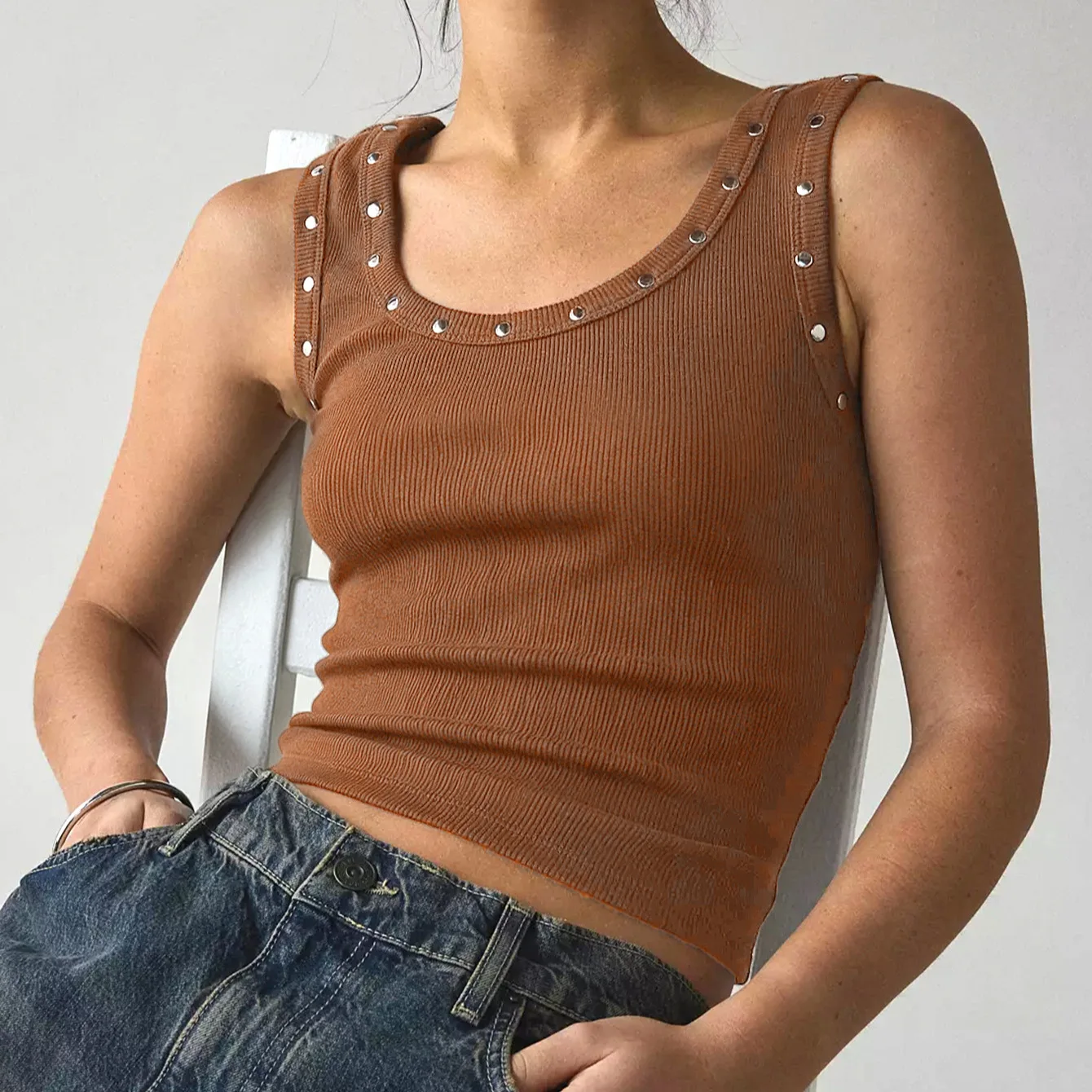 Y2K Perçinli Trimli Nervürlü C - Tank Top Ribbed incelemesi ve fiyatı